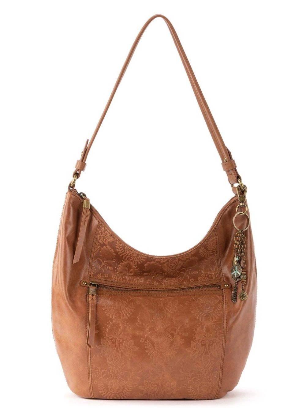The Sak Tan Embossed Leather Hobo Shoulder Bag with Charm